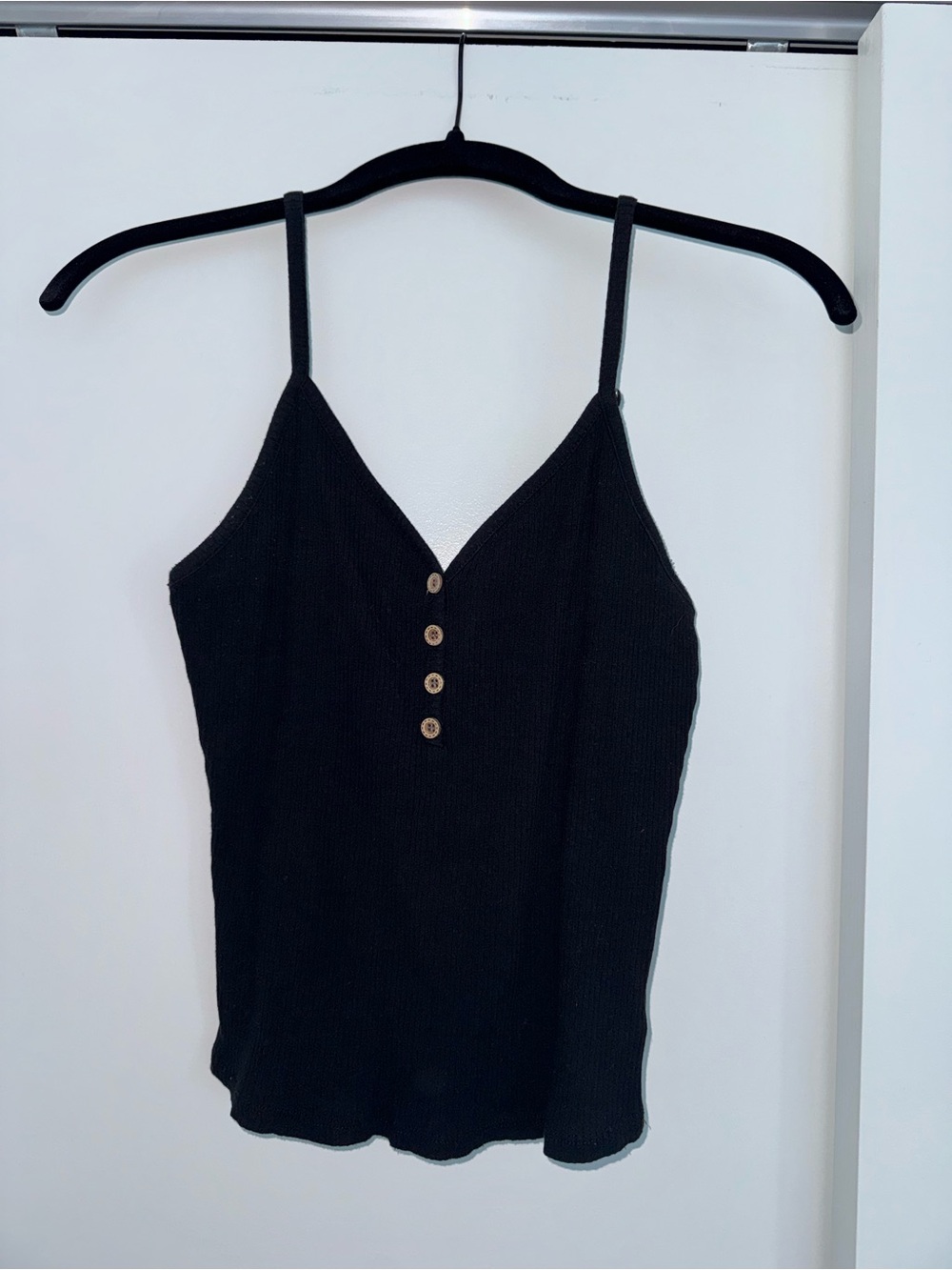 Active USA Black Ribbed V-Neck Button Tank